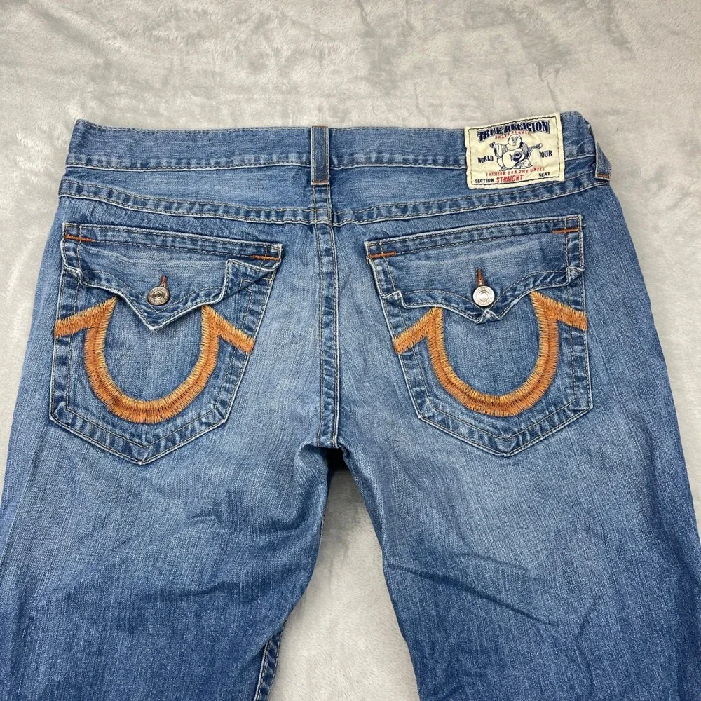 True Religion Straight Leg Jeans Mens 40x32 Blue Medium Wash Distressed Y2K